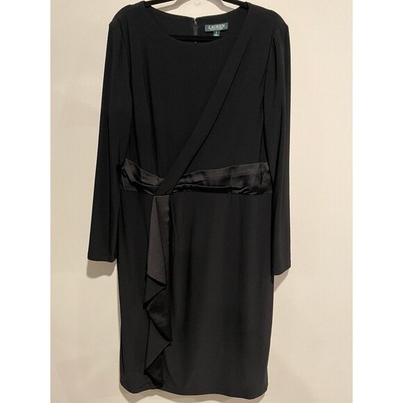 Ralph Lauren Black Knit Dress Satin Waist Ruffle Size 16 - Picture 2 of 14